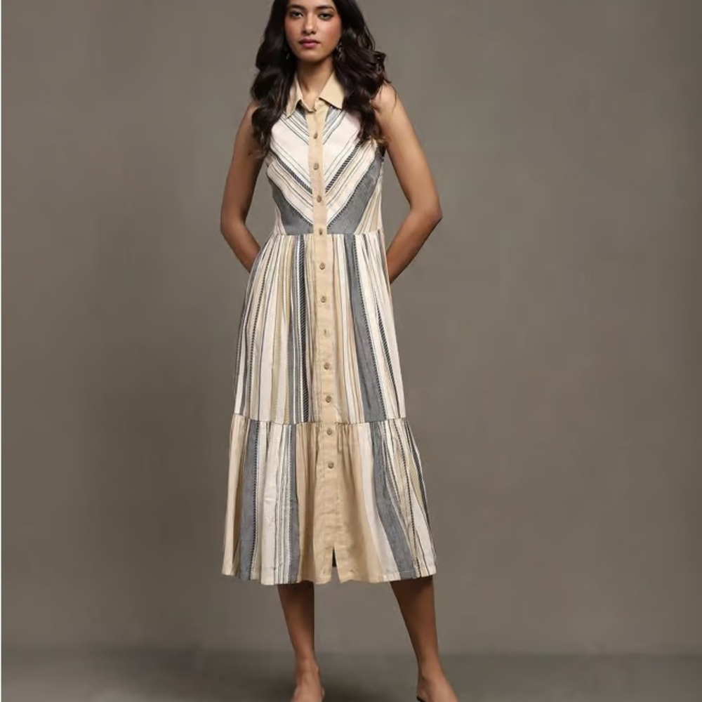 Ritu Kumar Striped Yarn Dyed Sleeveless Striped Button-Front Midi Dress Size M